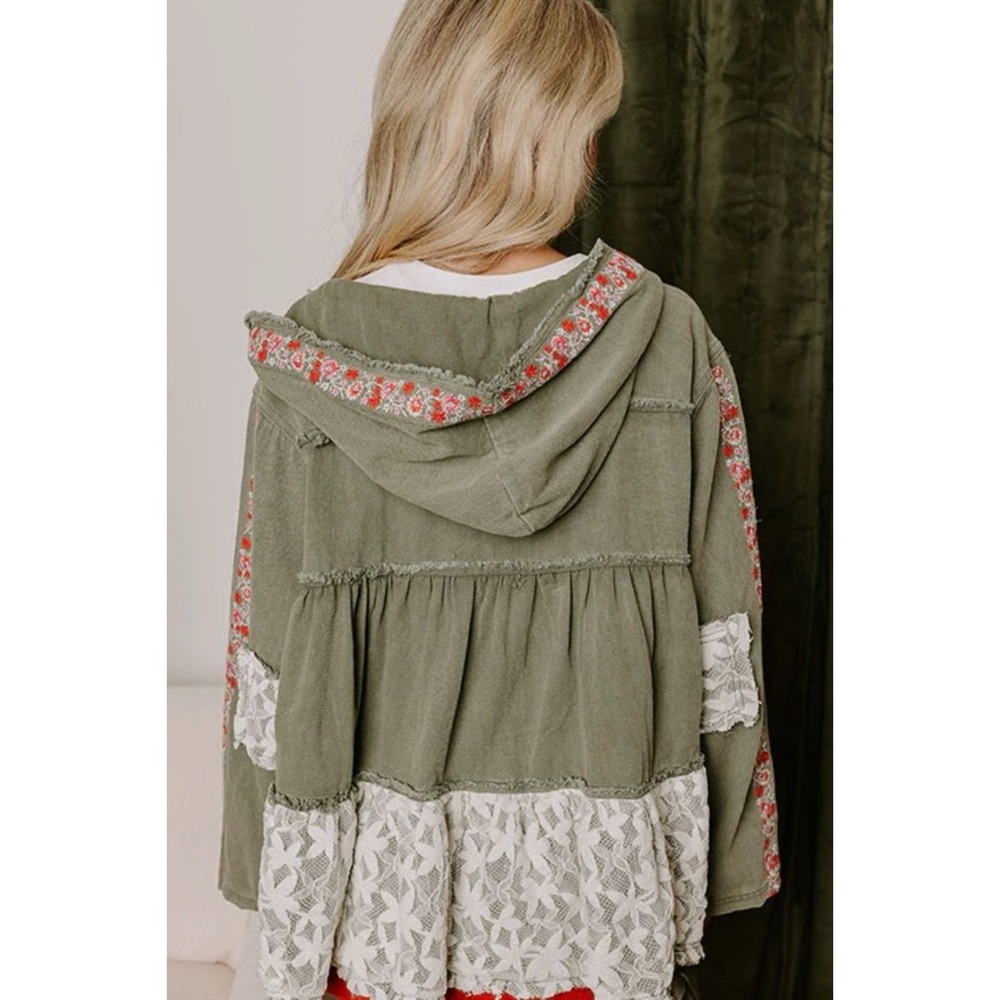 POL Olive Denim Patchwork Hoodie Jacket | Lace Patch Floral Embroidery - Picture 5 of 8
